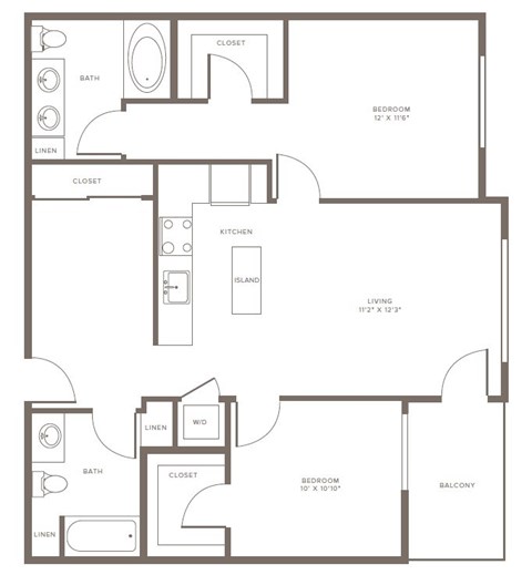 Floor plan for 2 beds, 2 baths, 1050 sqft